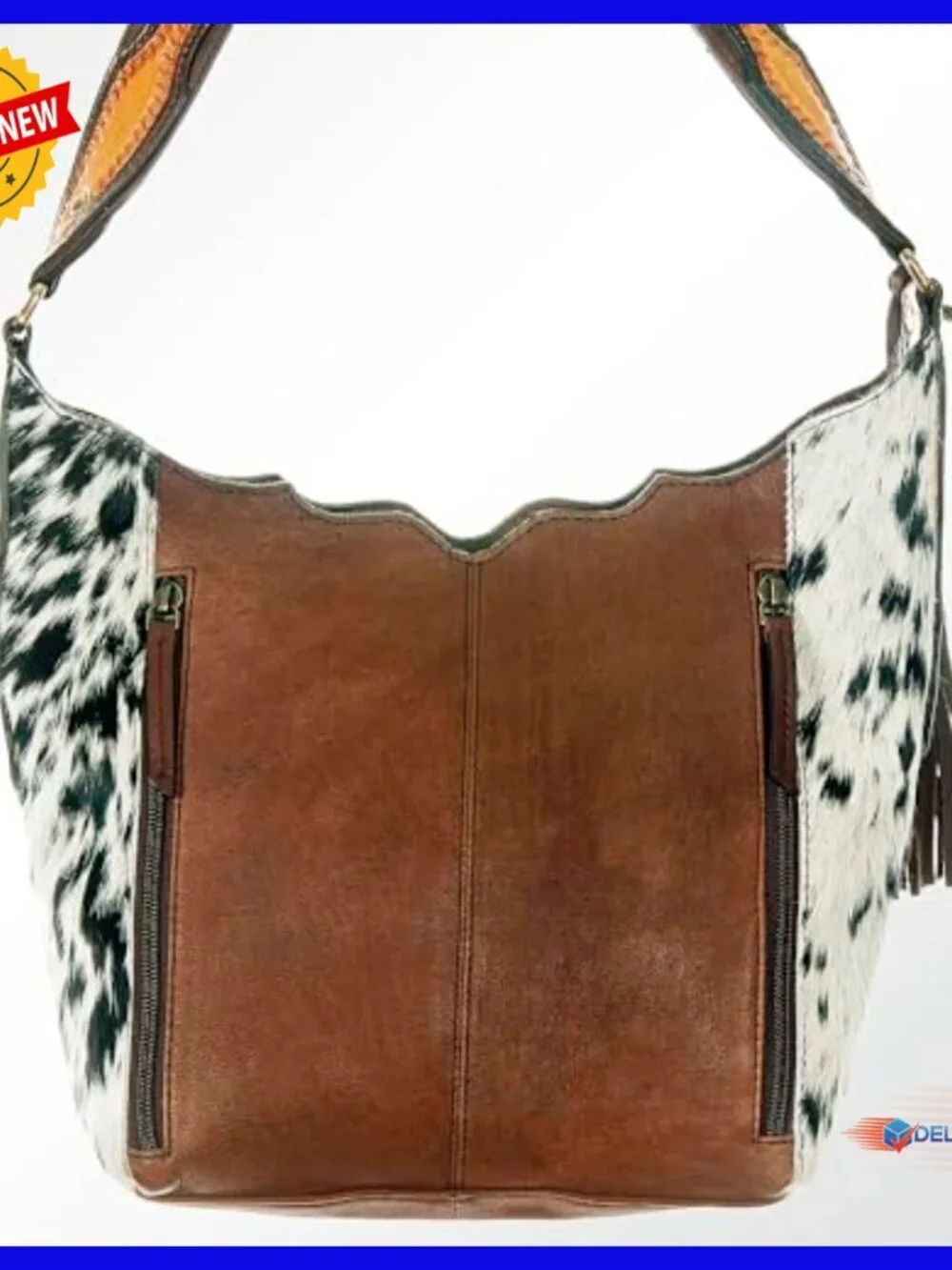 Genuine Leather Hobo Bag with Western Tooling, Fringe Strap, 16x16x4